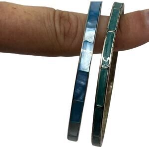 Vintage Mother of Pearl Inlay Bangle Bracelet Set Blue Green Shell Boho Stack 8"